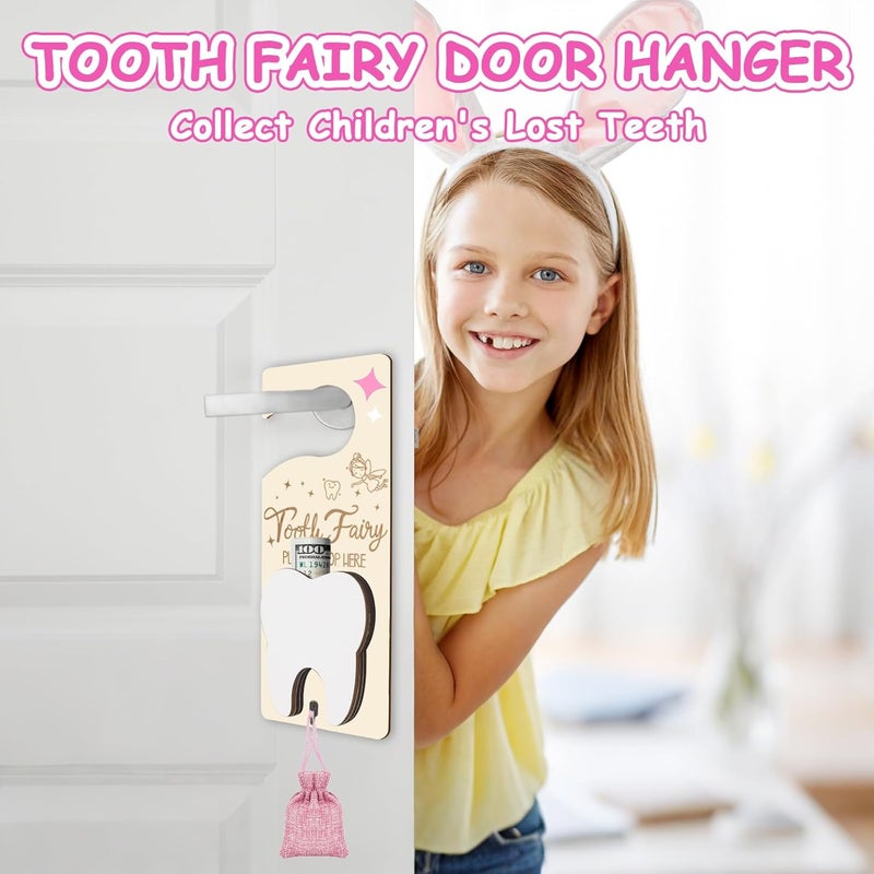 AINBIN Tooth Fairy Door Hanger, Tooth Fairy Tooth Holder Kit with Money Slot Keepsake Bottle Burlap Pouch & Upgrade Night Light, Wooden Encourage Gift for Kids Children Boys Girls Lost Teeth (Pink) - Image 2